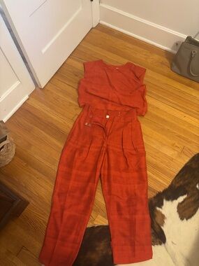 Women's High-Waist Linen-Blend Trousers in Rust Red